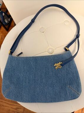 Palm Angels Denim Shoulder Bag with Blue Strap and Gold Logo